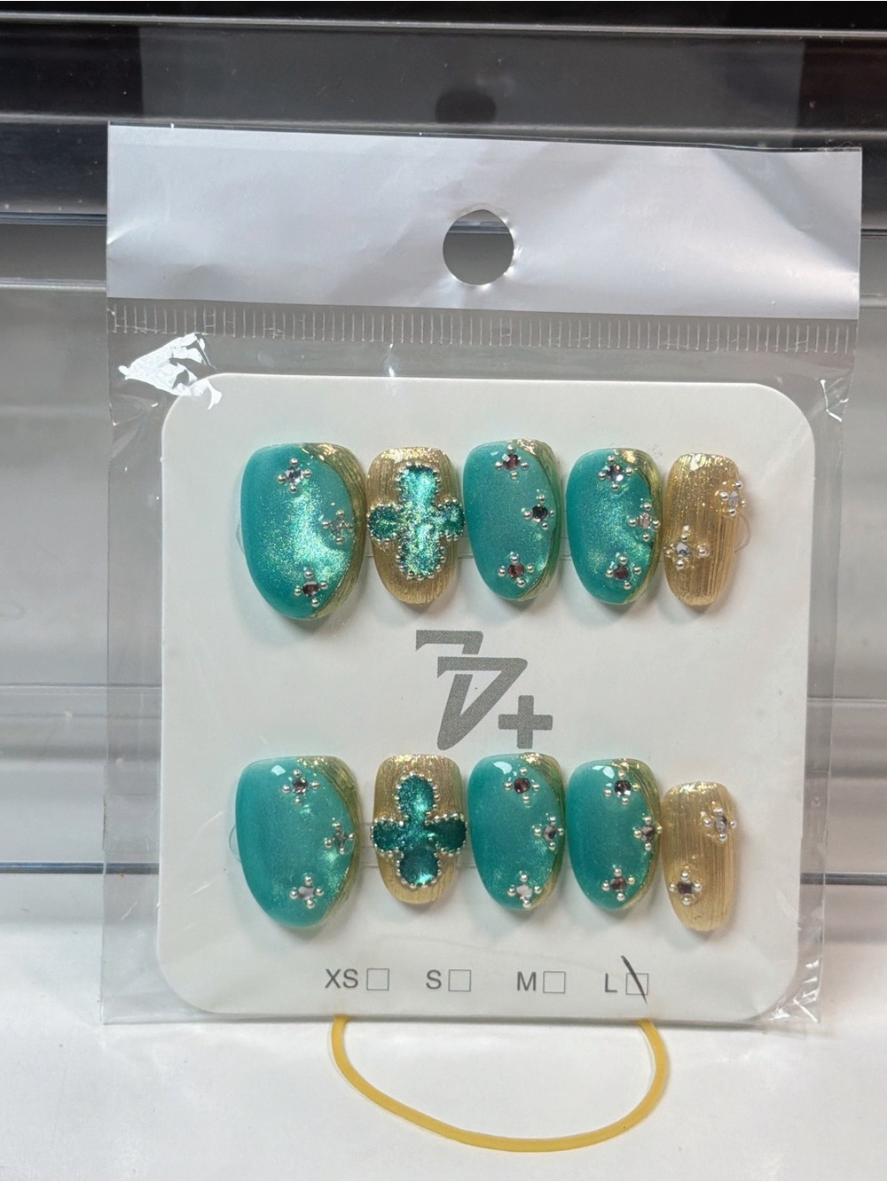 Teal & Gold Decorative Press-On Nails - Brand: